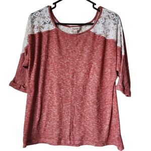 Decree Top Womens Size XL 3/4 Sleeve Knit Lace Accents Blouse Pullover Red White